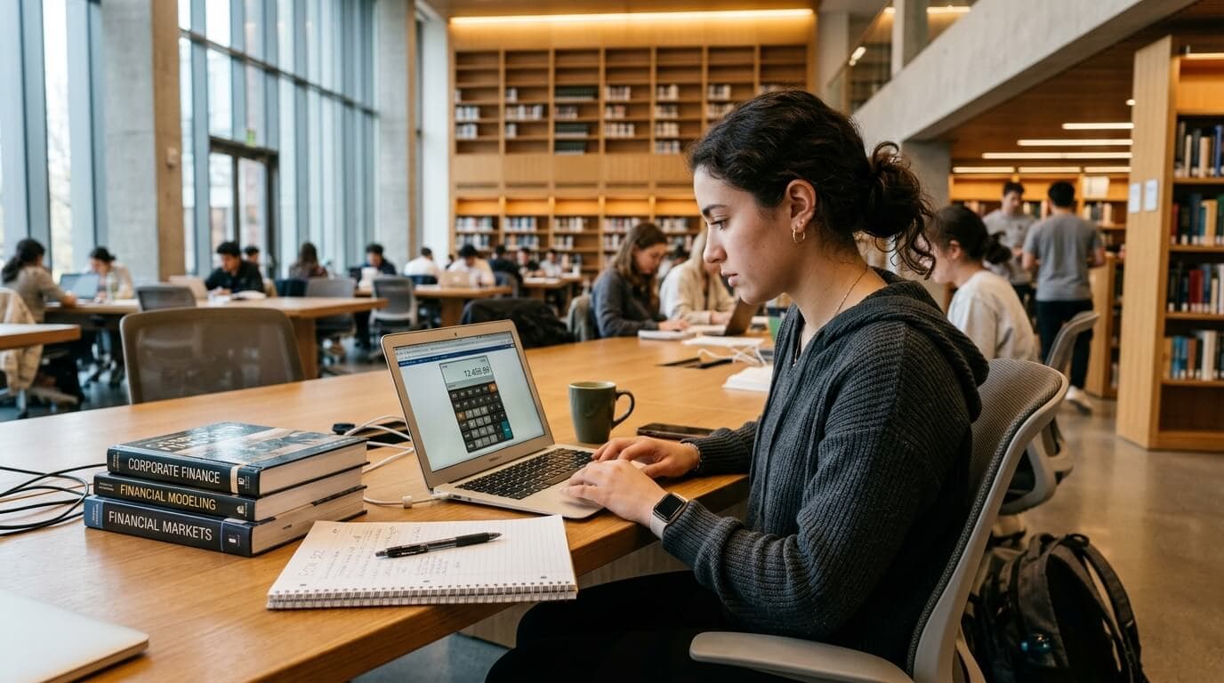 Student mit Taschenrechner und Laptop an Universitätsbibliothek